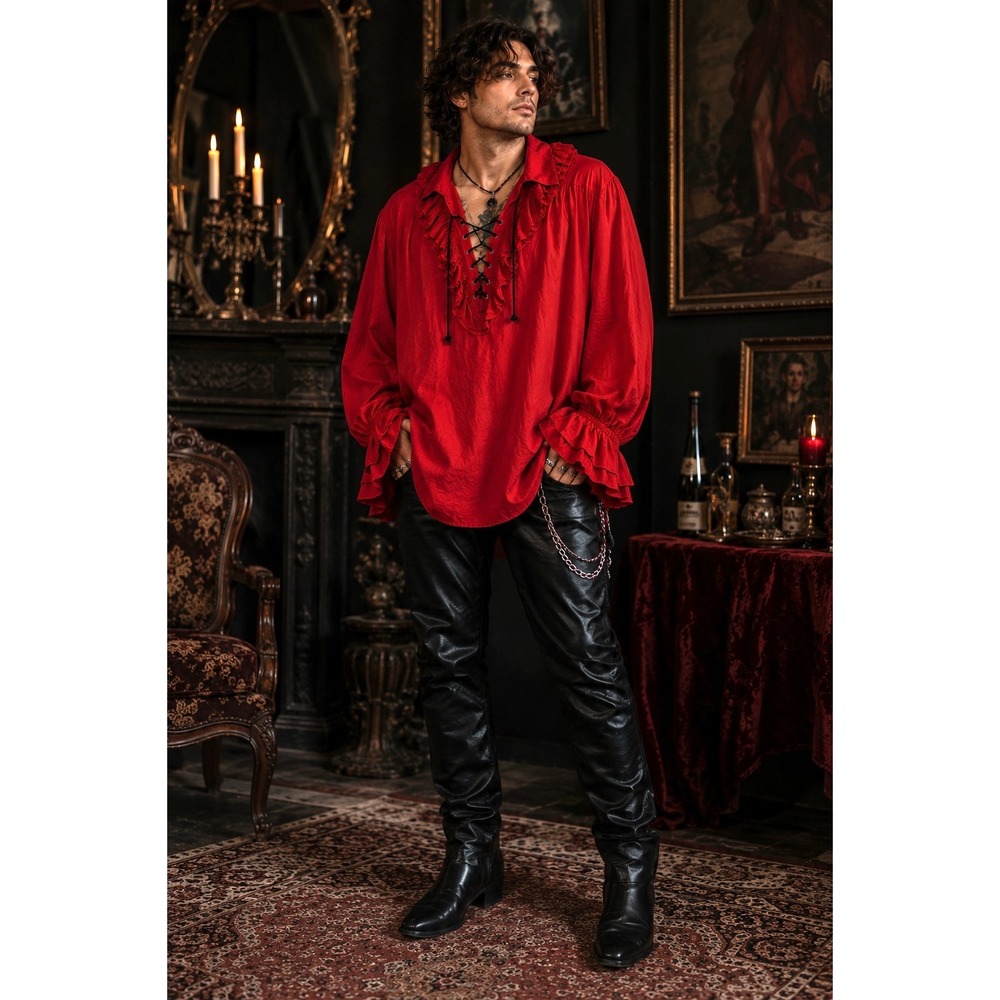 Scarlet Darkness Mens 2XL Red Pirate Shirt Victorian Renaissance Lace Up Ruffle